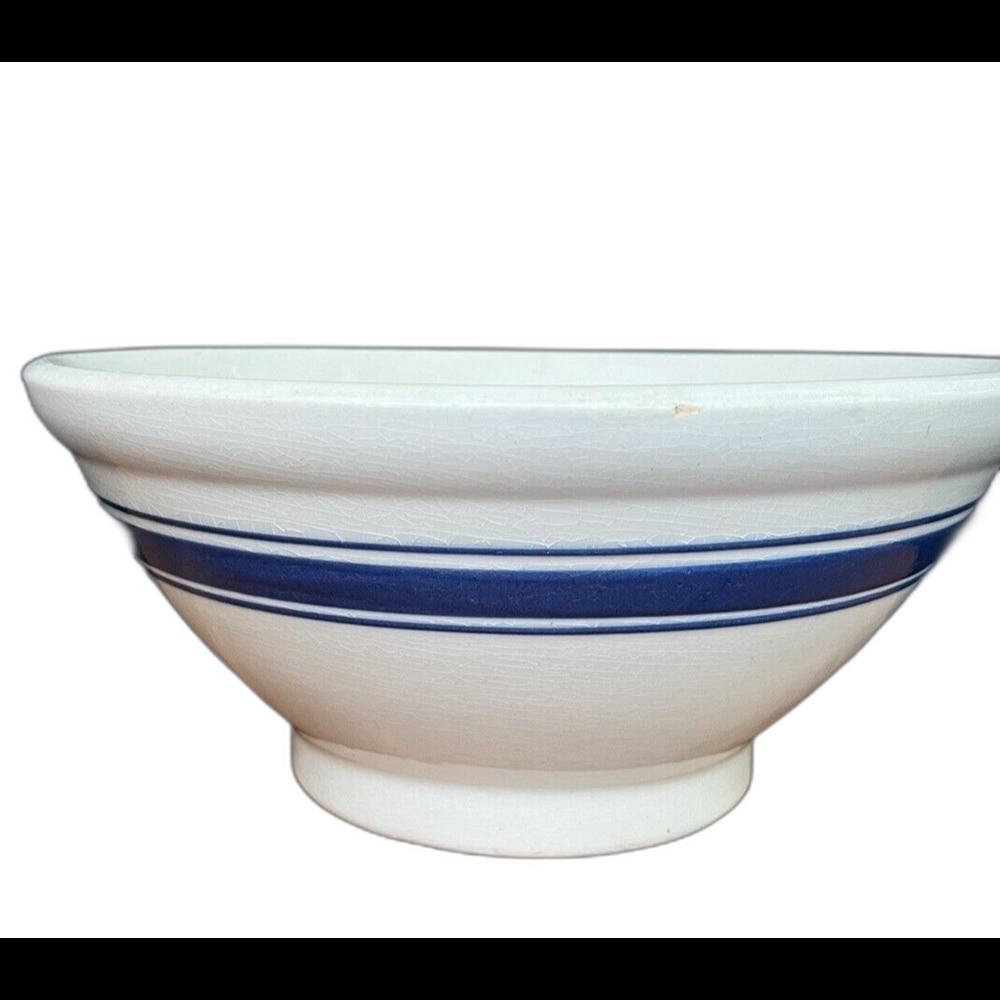 Vtg Weller Pottery Mixing Bowl Unmarked Ribbed Tripled Blue Banded Stoneware